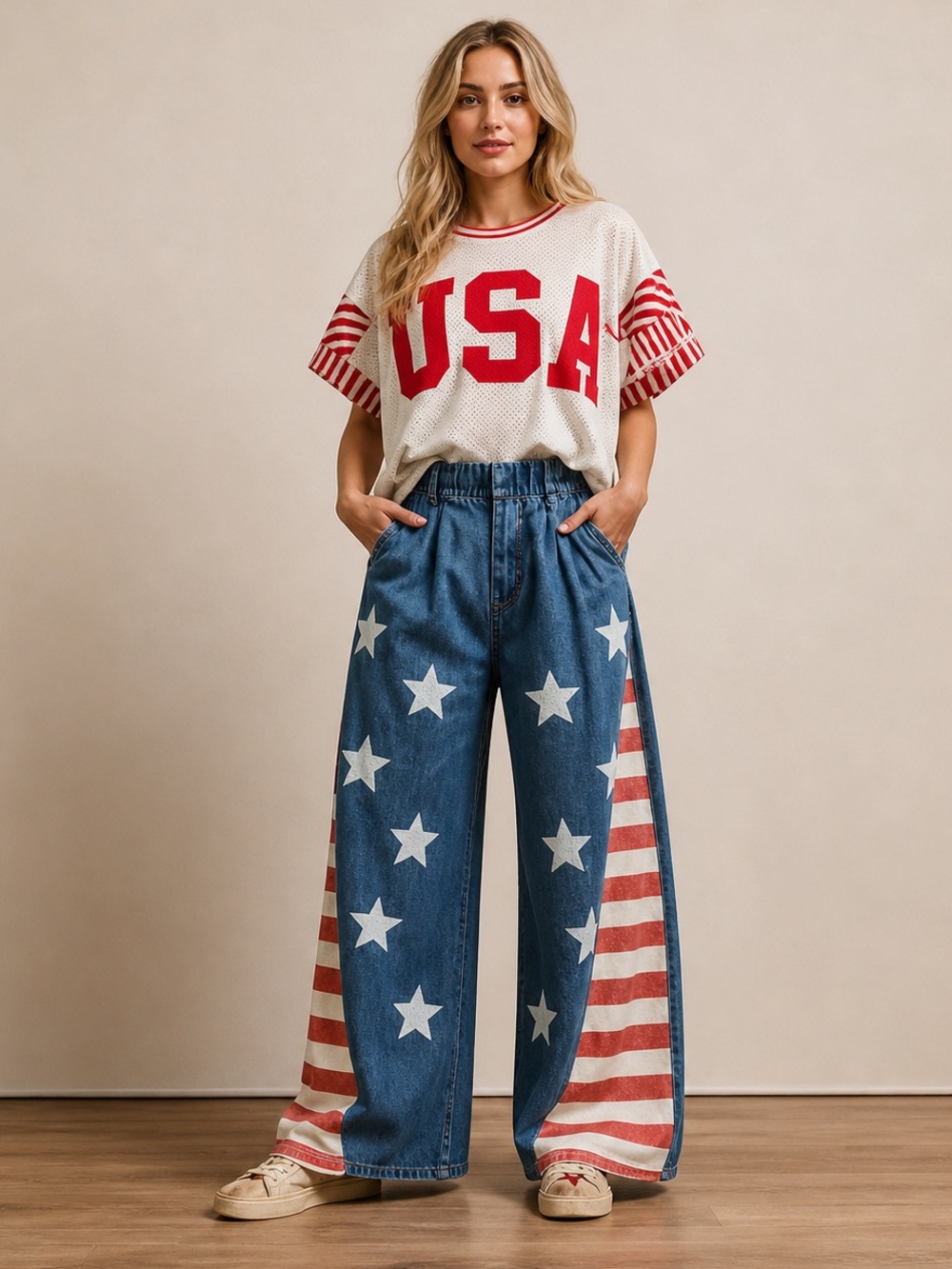 BiBi USA Flag Star Patch Wide Leg Denim Jeans Vintage Wash Patriotic Pants XL